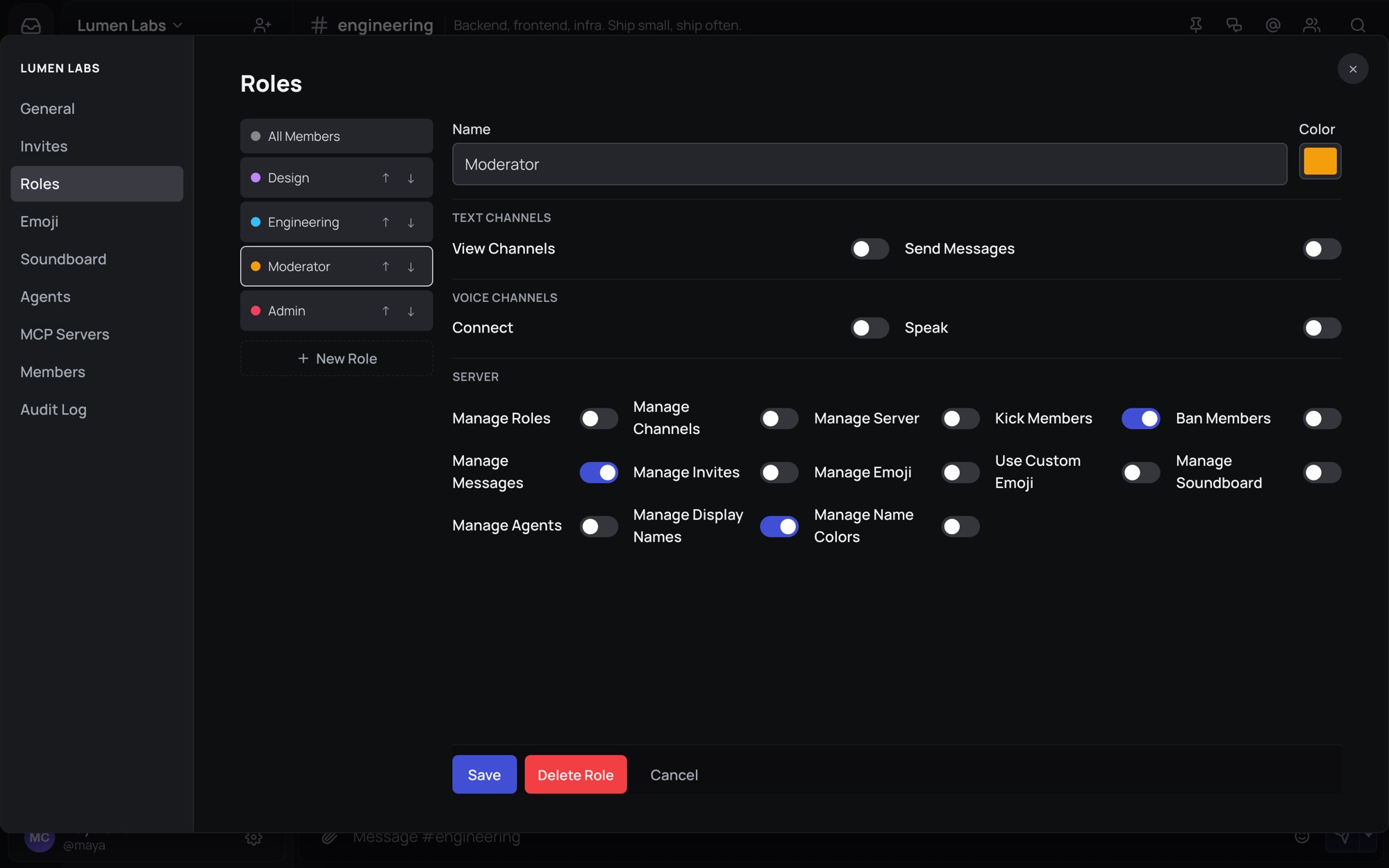 Server settings open on the Roles tab, editing a Moderator role's permissions