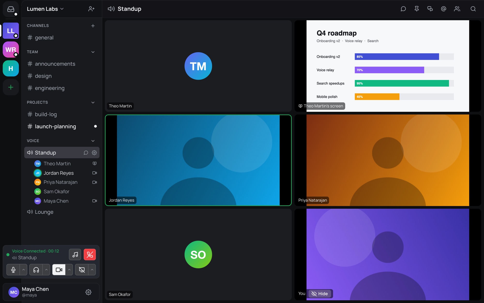 A Standup voice channel with a shared roadmap screen, two cameras on and a speaking indicator